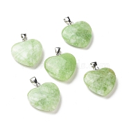 Natural Quartz Pendants, Heart Charm, with Platinum Plated Brass Bails, Dyed, Yellow Green, 27x25.5x7.5mm, Hole: 7.5x4mm(G-I338-01E)