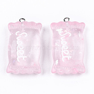 Transparent Resin Pendants, with Paillette & Platinum Tone Iron Peg Bail, Candy with Word Sweet, Pink, 37x20.5x9.5mm, Hole: 2mm(RESI-S356-54B-05)