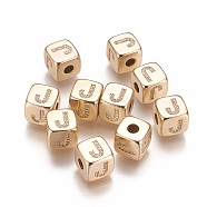 Brass Micro Pave Cubic Zirconia Beads, Horizontal Hole, Real 18K Gold Plated, Long-Lasting Plated, Cube with Letter, Clear, Letter.J, 9x9x9mm, Hole: 3.5mm(KK-K238-16G-J)