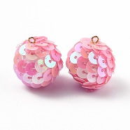 Sparkly Paillette Plastic Pendant Decorations, AB Color Plated, Ball Shape, Pink, 26x21mm, Hole: 1.8mm(FIND-H211-A-04)