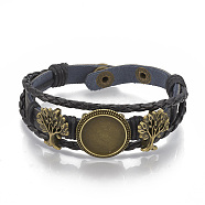 Imitation Leather Bracelet Making, with Alloy Cabochon Setting and Waxed Cords, Tree, Antique Bronze, Black, Tray: 18mm, 8-3/8 inch(213mm)(MAK-R024-03)