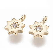 Brass Charms, with Cubic Zirconia, Star, Nickel Free, Real 18K Gold Plated, 8x6x1.5mm, Hole: 1mm(KK-T029-89G)