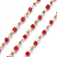 Handmade Acrylic Beaded Chains, with Brass Findings, Soldered, Spool, Square, Real 18K Gold Plated, Red, 2.5x2.5x2.5mm, about 16.4 Feet(5m)/roll(CHC-S012-001-A01-G)