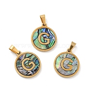 Vacuum Plating 304 Stainless Steel with Paua Shell Pendants, Golden, Flat Round with Letter Charm, Letter.G, 18x16x1.5mm, Hole: 3x6mm(STAS-G268-02G-G)