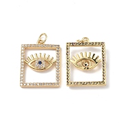 Brass Micro Pave Clear Cubic Zirconia Pendants, with Jump Ring and Glass, Rectangle with Eye Charm, Real 18K Gold Plated, 22x16.5x3.5mm, Hole: 3.5mm(KK-E068-VF353)