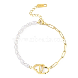 Ion Plating(IP) 304 Stainless Steel Heart Link Bracelets for Women, Plastic Imitation Pearl & Paperclip Chains Bracelets, Golden, 6-1/4 inch(16cm)(BJEW-K254-12G)