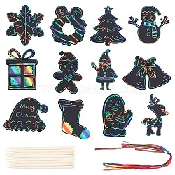Christmas Theme Rainbow Scratch Painting Art Paper, with Ribbon and Bamboo Sticks, Black, Scratch Paper: 10.1~12.1x7.7~14x0.03cm, Hole: 4.3mm, 12pcs(FIND-WH0135-13)