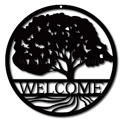 Iron Wall Decorations, with Screws, Flat Round with Tree of Life, Word Welcome, Electrophoresis Black, 25cm(HJEW-WH0013-059)