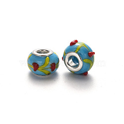 Handmade Lampwork European Beads, Bumpy, Large Hole Rondelle Beads, with Platinum Tone Brass Double Cores, Rondelle, Sky Blue, 14~15x9~10mm, Hole: 5mm(LPDL-N001-045-B05)