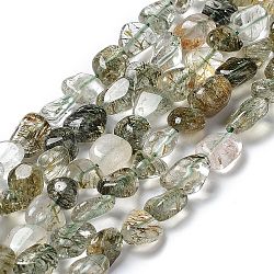 Natural Green Rutilated Quartz Beads Strands, Nuggets, 8~18x6~10x4~8mm, Hole: 1mm, about 30~48pcs/strand, 15.35~15.55 inch(39~39.5cm)(G-I351-B09)