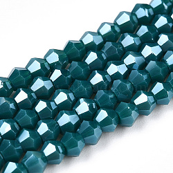 Opaque Solid Color Electroplate Glass Beads Strands, Pearl Luster Plated, Faceted, Bicone, Teal, 2.9~3.3x2.5mm, Hole: 0.7mm, about 145~150pcs/strand, 16.34~16.54 inch(41.5~42cm)(EGLA-A039-P2mm-A18)