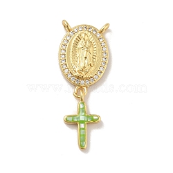 Brass Charms, with Shell, Cadmium Free & Lead Free, Long-Lasting Plated, Oval with Saint & Cross, Real 18K Gold Plated, Lime Green, 30mm, Hole: 1.5mm(KK-B059-53G-E)
