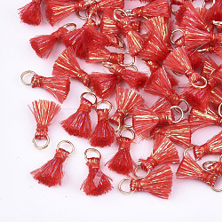 Polyeter Tassel Pendants, with Metallic Cord and Iron Jump Rings, Golden, Crimson, 10~15x5~8mm, Hole: 3.5mm(FIND-S305-03C)