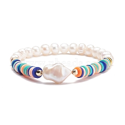 Natural Pearl Beaded Stretch Bracelet with Heishi Beads, Preppy Bracelet for Women, Mixed Color, Inner Diameter: 2-1/8 inch(5.5cm)(BJEW-TA00061)
