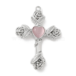 Alloy with Glass Pendants, Cross with Rose Charms, Platinum, Pink, 35x25x5mm, Hole: 1.4mm(PALLOY-P294-03P-02)