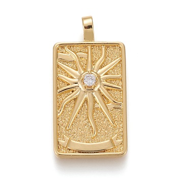 Brass Micro Pave Clear Cubic Zirconia Pendants, Real 18K Gold Plated, Tarot Card Charms, The Sun, Real 18K Gold Plated, 30x15x4mm, Hole: 3~4mm