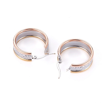 304 Stainless Steel Geometric Hoop Earrings for Women Girls, Hypoallergenic Earrings, Tri-color, Textured, Ring with Floral Pattern, Multi-color, 25x8.5mm, Pin: 1x0.6mm
