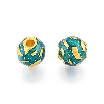 Alloy Enamel Beads, Matte Gold Color, Round, Sea Green, 10mm, Hole: 3mm