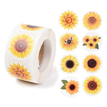 Sunflower Theme Paper Stickers, Self Adhesive Roll Sticker Labels, for Envelopes, Bubble Mailers and Bags, Flat Round, Gold, 3.8cm, about 500pcs/roll