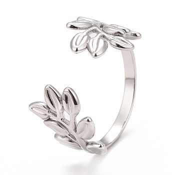 304 Stainless Steel Leaf Open Cuff Ring for Women, Stainless Steel Color, US Size 6 1/2(16.9mm)