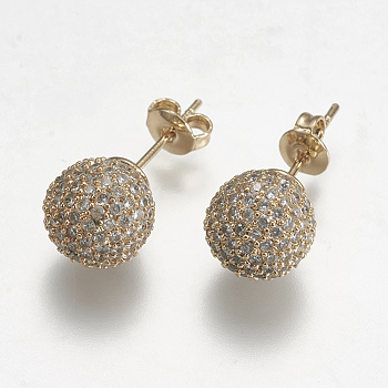 Brass Micro Pave Cubic Zirconia Earring, Ball Stud Earrings, Golden, 9.5mm, Pin: 0.6mm
