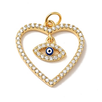 Rack Plating Brass Micro Pave Clear Cubic Zirconia Pendants, with Jump Ring and Enamel, Cadmium Free & Nickel Free & Lead Free, Heart with Evil Eye, Real 18K Gold Plated, 20x19x2mm, Hole: 3.6mm