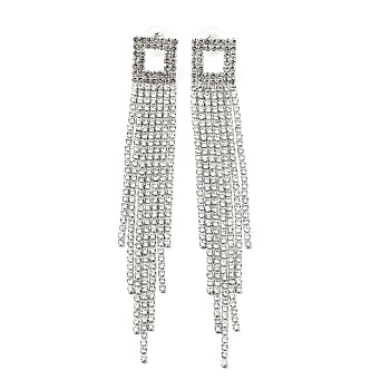 Clear Cubic Zirconia & Crystal Rhinestone Long Tassel Dangle Stud Earrings, Brass Earrings with 925 Sterling Silver Pins for Women, Platinum, Square Pattern, 110mm, Pin: 0.8mm