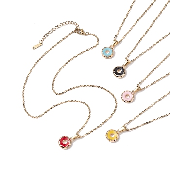 304 Stainless Steel Cable Chains Necklaces, Alloy Enamel Donut Pendant Necklaces, Mixed Color, 15.87 inch(40.3cm)