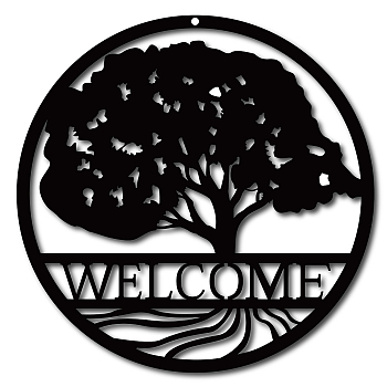 Iron Wall Decorations, with Screws, Flat Round with Tree of Life, Word Welcome, Electrophoresis Black, 25cm