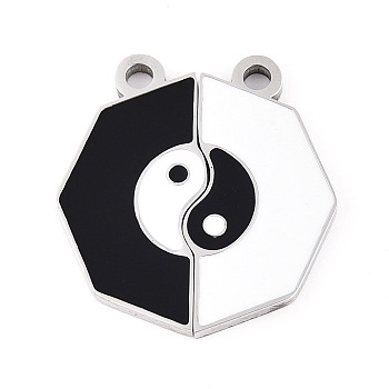 304 Stainless Steel Enamel Split Pendants, Octagon & Yin-yang Charms, White/Black, Stainless Steel Color, 23~23.5x21.5x1.5mm, Hole: 2mm
