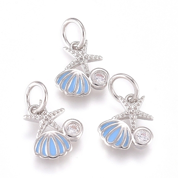 Brass Charms, with Micro Pave Cubic Zirconia, Enamel and Jump Rings, Starfish with Scallop, Clear & Sky Blue, Platinum, 10x8x2mm, Hole: 3.2mm