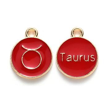 Alloy Enamel Pendants, Cadmium Free & Lead Free, Flat Round with Constellation, Light Gold, Red, Taurus, 22x18x2mm, Hole: 1.5mm