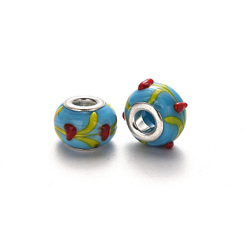 Handmade Lampwork European Beads, Bumpy, Large Hole Rondelle Beads, with Platinum Tone Brass Double Cores, Rondelle, Sky Blue, 14~15x9~10mm, Hole: 5mm