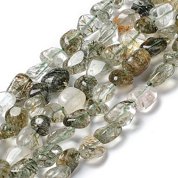 Natural Green Rutilated Quartz Beads Strands, Nuggets, 8~18x6~10x4~8mm, Hole: 1mm, about 30~48pcs/strand, 15.35~15.55 inch(39~39.5cm)