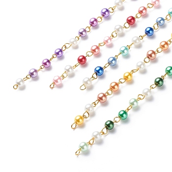 Handmade Glass Pearl Round Beaded Chains, with Brass Eye Pins, Unwelded, Mixed Color, 13x6mm, about 3.28 Feet(1m)/Box