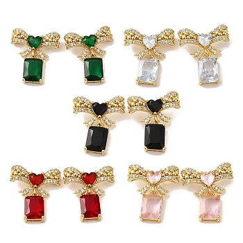 Rack Plating Real 18K Gold Plated Brass Bowknot with Rectangle Dangle Stud Earrings, with Cubic Zirconia and Rhinestone, Long-Lasting Plated, Lead Free & Cadmium Free, Mixed Color, 20.5x18.5mm