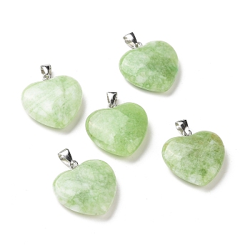 Natural Quartz Pendants, Heart Charm, with Platinum Plated Brass Bails, Dyed, Yellow Green, 27x25.5x7.5mm, Hole: 7.5x4mm