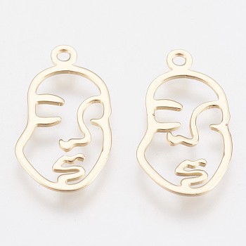 Brass Pendants, Face, Nickel Free, Real 18K Gold Plated, 20x11x1mm, Hole: 1.4mm