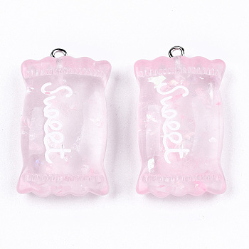 Transparent Resin Pendants, with Paillette & Platinum Tone Iron Peg Bail, Candy with Word Sweet, Pink, 37x20.5x9.5mm, Hole: 2mm