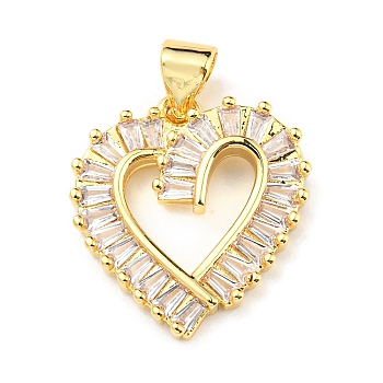 Rack Plating Brass Micro Pave Clear Cubic Zirconia Pendants, Long-Lasting Plated, Lead Free & Cadmium Free, Heart Charm, Real 18K Gold Plated, 18x17x2.5mm, Hole: 4x3.5mm