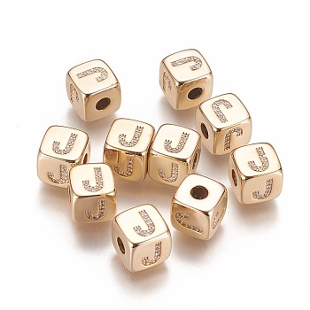 Brass Micro Pave Cubic Zirconia Beads, Horizontal Hole, Real 18K Gold Plated, Long-Lasting Plated, Cube with Letter, Clear, Letter.J, 9x9x9mm, Hole: 3.5mm