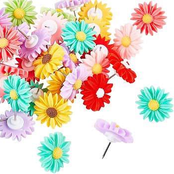 Iron Map Pins, with Resin Daisy,  Drawing Push Pins, for Office & School Supplies, Mixed Color, 26x10.5mm, 35pcs/box