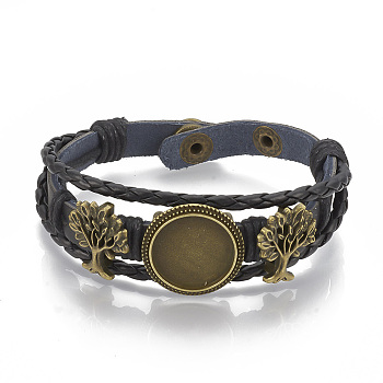 Imitation Leather Bracelet Making, with Alloy Cabochon Setting and Waxed Cords, Tree, Antique Bronze, Black, Tray: 18mm, 8-3/8 inch(213mm)