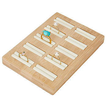 10-Slot Rectangle Bamboo Ring Display Tray Stands, Finger Ring Organizer Holder, with PU Imitation Leather Inside, Lemon Chiffon, 14.9x10.4x1.7cm
