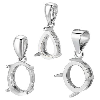 Anti-Tarnish PandaHall Elite 3Pcs 3 Styles Rhodium Plated 925 Sterling Silver Pendant Cabochon Settings with Prongs Mounting, Open Back Settings, Mixed Shapes, with 925 Stamp, Platinum, Tray: 8~10x6.5~8mm, 11.5~16x7.5~16mm, Hole: 4.5x3~3.5mm, 1pc/style