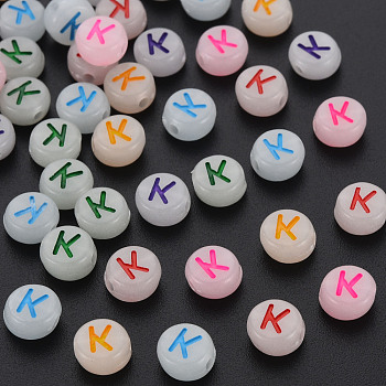 Acrylic Beads, Glow in the Dark, with Enamel and Luminous, Horizontal Hole, Flat Round with Alphabet, Letter.K, 6.5x7x4mm, Hole: 1.6mm, about 3600pcs/500g