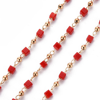 Handmade Acrylic Beaded Chains, with Brass Findings, Soldered, Spool, Square, Real 18K Gold Plated, Red, 2.5x2.5x2.5mm, about 16.4 Feet(5m)/roll