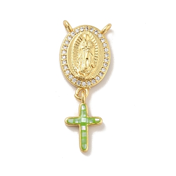 Brass Charms, with Shell, Cadmium Free & Lead Free, Long-Lasting Plated, Oval with Saint & Cross, Real 18K Gold Plated, Lime Green, 30mm, Hole: 1.5mm