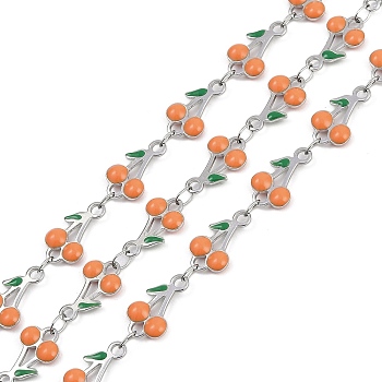 304 Stainless Steel Enamel Cherry Link Chains, with Spool, Soldered, Stainless Steel Color, Dark Orange, 13x7.5x2.5mm