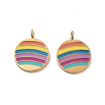 Ion Plating(IP) 316 Surgical Stainless Steel Charms, Nickel Free, with Rainbow Color Enamel, Flat Round Charms, Real 18K Gold Plated, Colorful, 13.5x10x3mm, Hole: 1.6mm